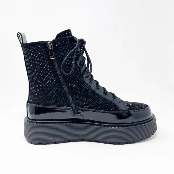 NWT Azura Livewire Patent Black Rhinestone Platform Bootie Combat Moto Size 9 - Picture 2 of 15